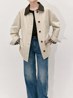 fano Patchwork Loose Fit Korean Casual 100 Percent Cotton Green Khaki Short Coat