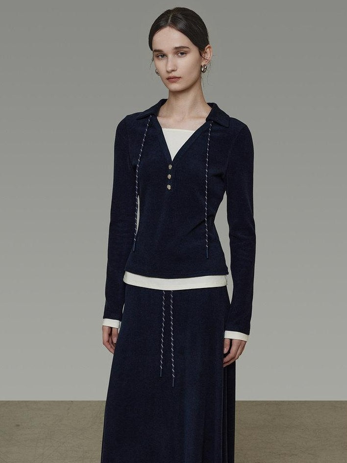 unspoken Breathable Slim Fit V-neck Knit Three Piece High Waist Navy Women Lounge Sets