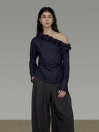 unspoken Warm Slanted Collar Loose Fit Long Sleeve Office Dark Blue Polyester Blouses