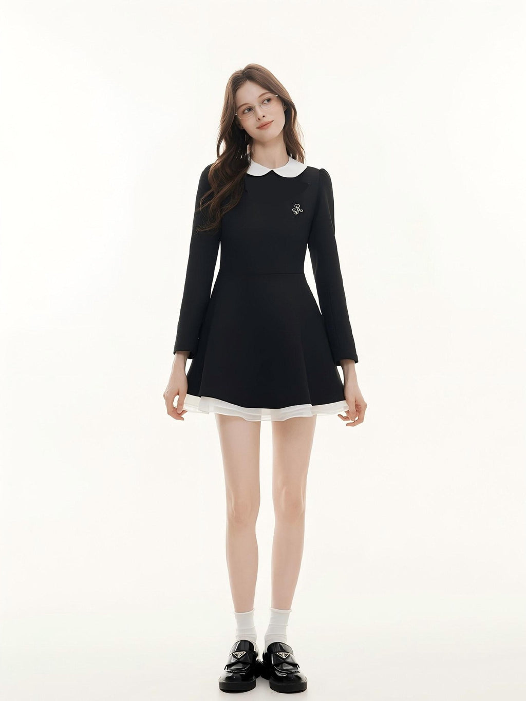 ikyou Elegant Mesh Princess High Waist Doll Collar A Line Black Midi Dresses