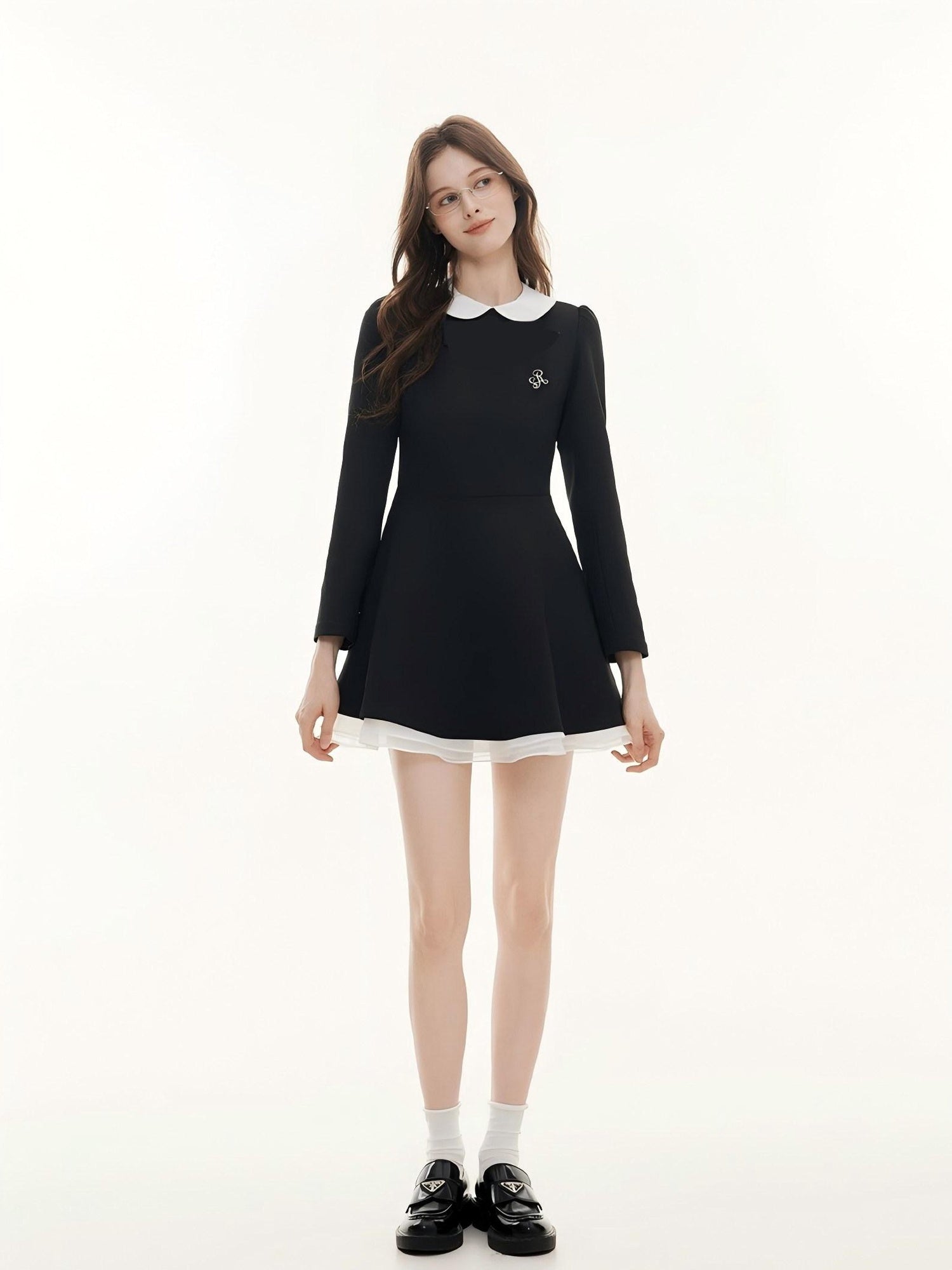 ikyou Elegant Mesh Princess High Waist Doll Collar A Line Black Midi Dresses