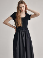 fano Cotton High Waist A Line Square Neck Short Sleeve Office Casual Maxi Dresses