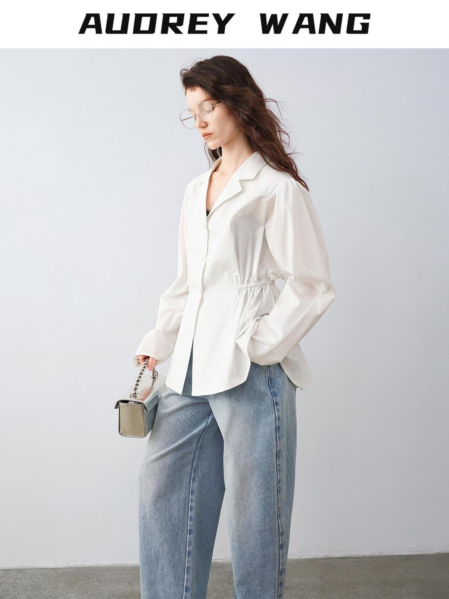 audreyyang Durable Viscose Slim Waist Casual Lapel Button Long Sleeve Blouses