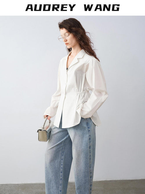 audreyyang Durable Viscose Slim Waist Casual Lapel Button Long Sleeve Blouses