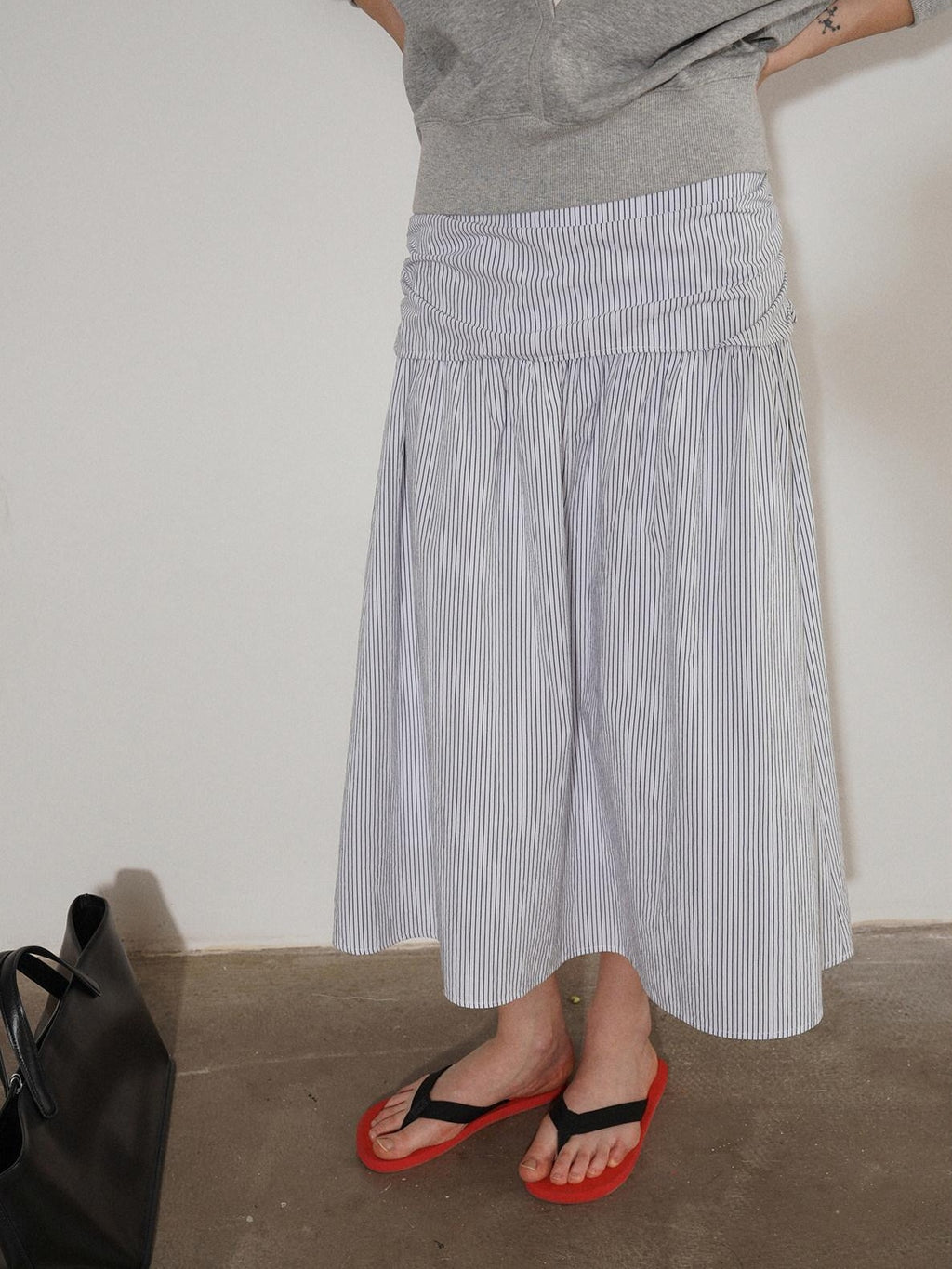 Lofi choose High Waist Cotton Comfort Pleated Loose Fit Office Women Blue Stripe Midi Skirts