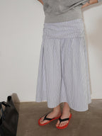 Lofi choose High Waist Cotton Comfort Pleated Loose Fit Office Women Blue Stripe Midi Skirts