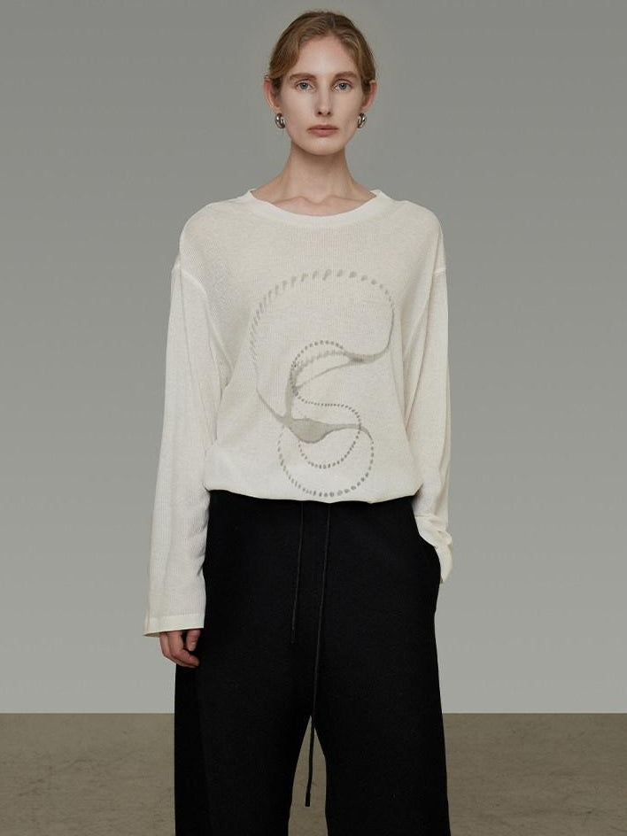 unspoken Lightweight Printed Minimalist Loose Round Neck Women Cream Pullover Sweaters