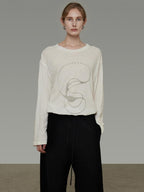 unspoken Lightweight Printed Minimalist Loose Round Neck Women Cream Pullover Sweaters