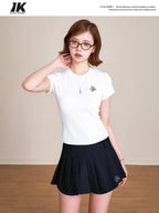 ikyou Pure Cotton Embroidered Slim Fit Short Sleeve Crew Neck Casual Basic Crop Tops