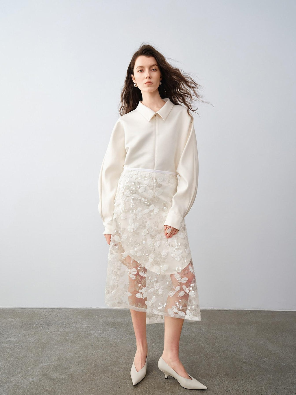 audreyyang Shimmering Sequin Lace Asymmetrical Mid Rise Tie Waist Women White Midi Skirts