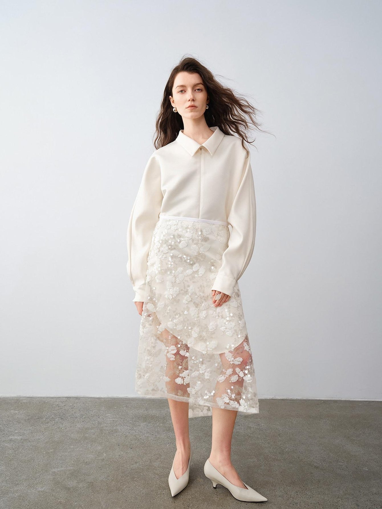 audreyyang Shimmering Sequin Lace Asymmetrical Mid Rise Tie Waist Women White Midi Skirts