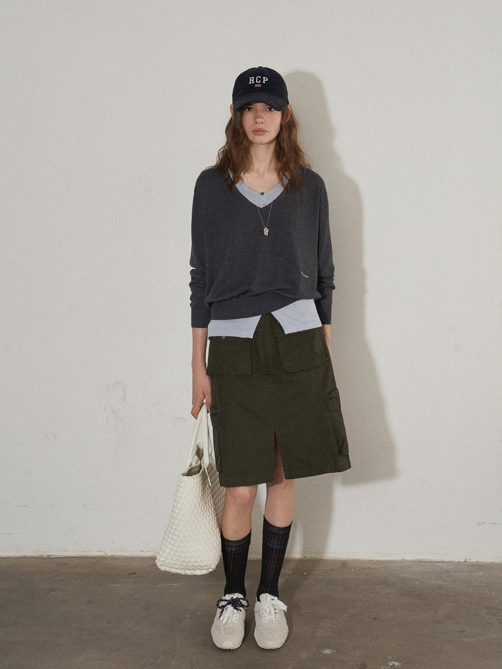 Lofi choose High Waist Cotton Slit H Line Loose Office Women Seaweed Green Midi Skirts