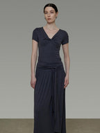 unspoken Lyocell Blend V-neck Slim Fit Minimal Workwear Women Solid Color Maxi Dresses