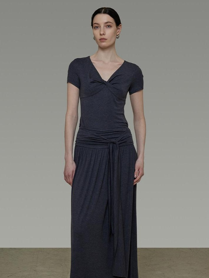 unspoken Lyocell Blend V-neck Slim Fit Minimal Workwear Women Solid Color Maxi Dresses