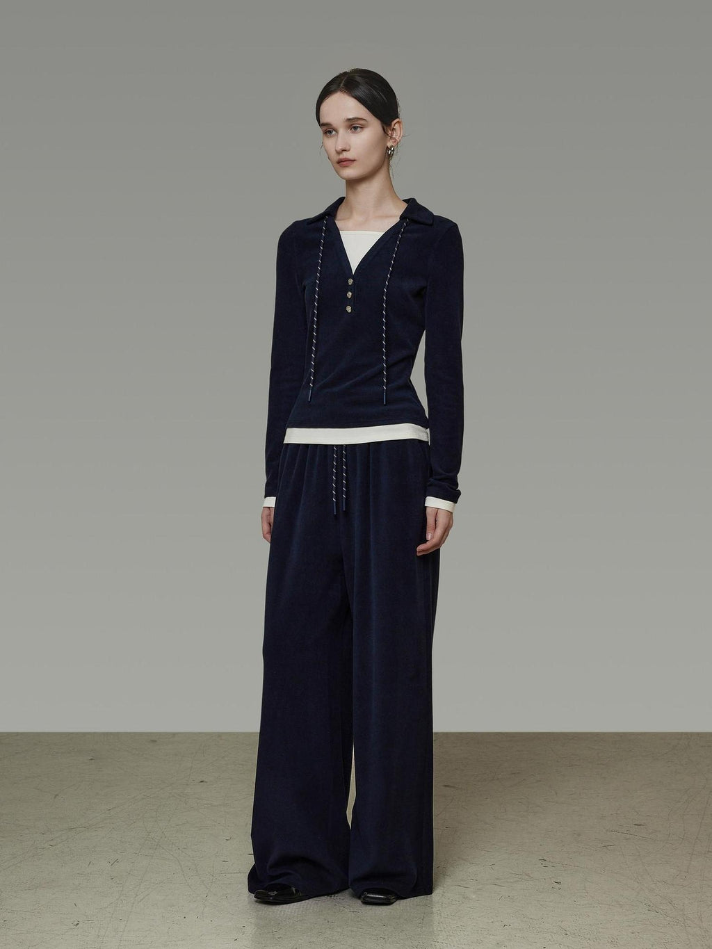 unspoken Breathable Slim Fit V-neck Knit Three Piece High Waist Navy Women Lounge Sets
