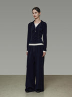 unspoken Breathable Slim Fit V-neck Knit Three Piece High Waist Navy Women Lounge Sets