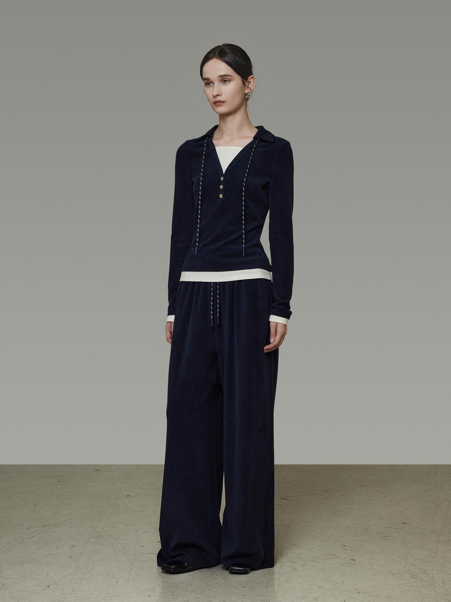 unspoken Breathable Slim Fit V-neck Knit Three Piece High Waist Navy Women Lounge Sets