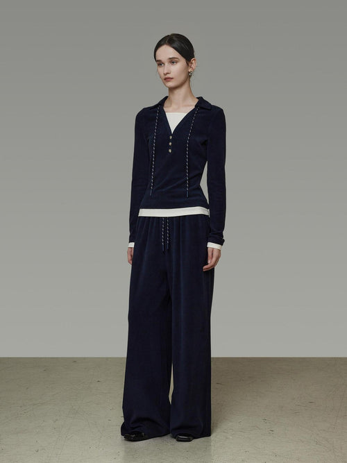 unspoken Breathable Slim Fit V-neck Knit Three Piece High Waist Navy Women Lounge Sets