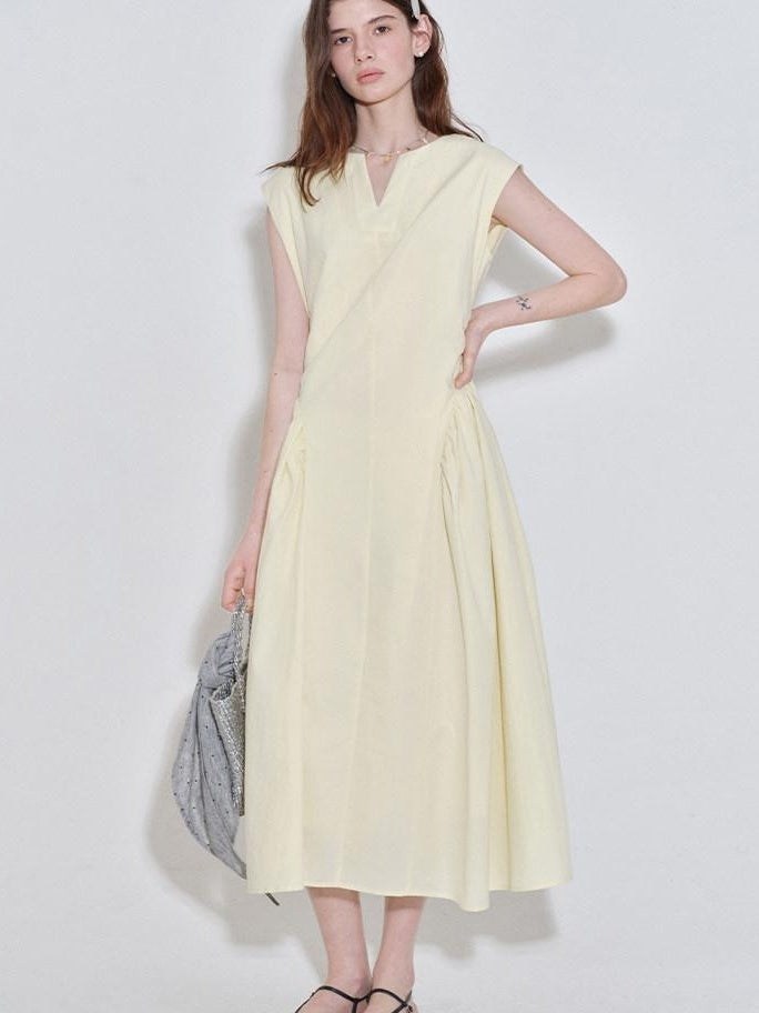 fano Pure Cotton Minimalist V-neck Sleeveless A Line Casual Women Yellow Maxi Dresses