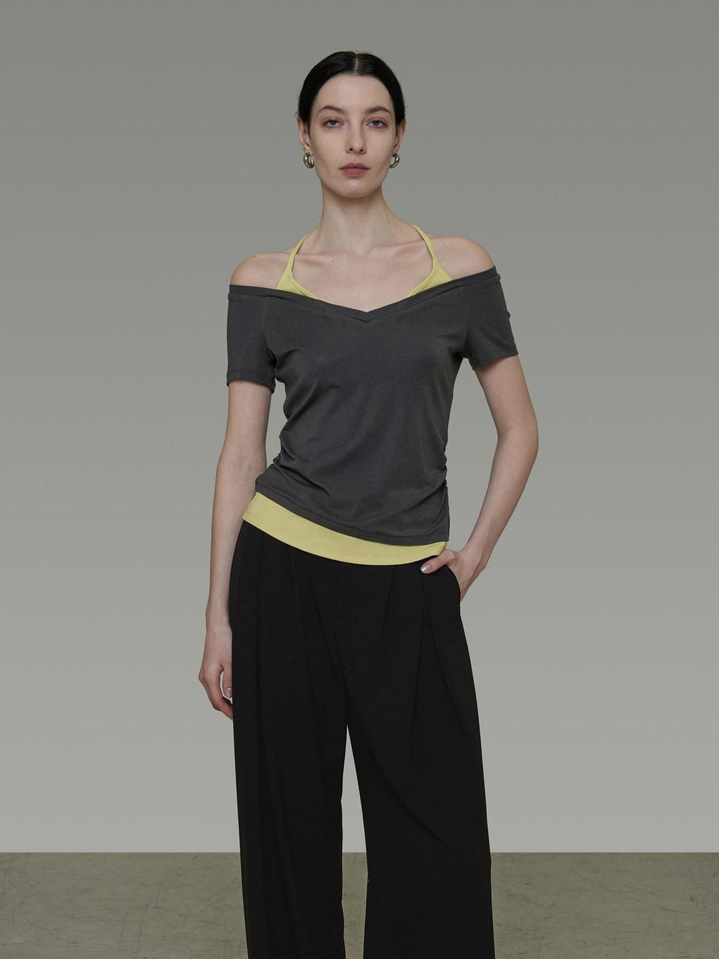 unspoken Moisture Wicking Lyocell Slim V-neck Patchwork Grey Green Halter Crop Tops