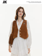 ikyou Versatile Cropped V-neck Distressed 3D Short Button Women Brown Vests