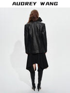 audreyyang Soft Lambskin Vintage Loose Fit Collarless Black Woven Women Leather Jackets