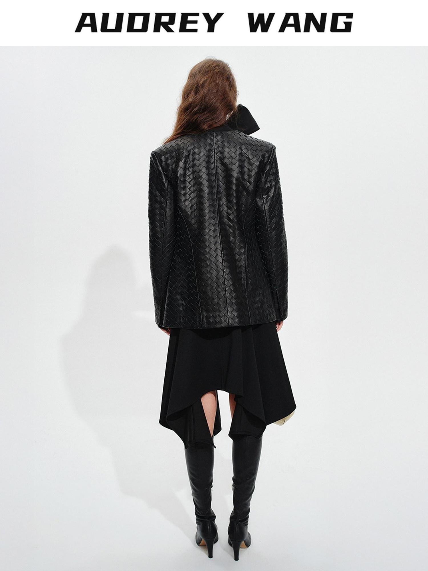 audreyyang Soft Lambskin Vintage Loose Fit Collarless Black Woven Women Leather Jackets