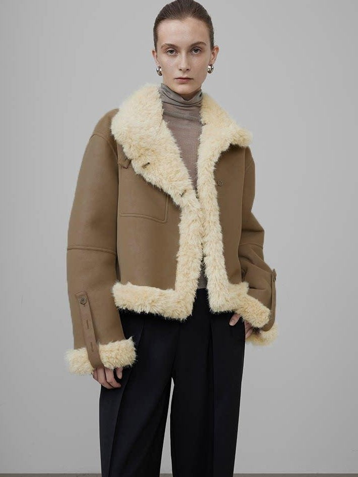 unspoken Faux Fur Pocketed Loose Fit Barn Style Brown Women Cropped Jackets