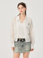 ikyou Uv Protection Lyocell Slim Ruching Stand Collar Embroidered Work Everyday Shirts