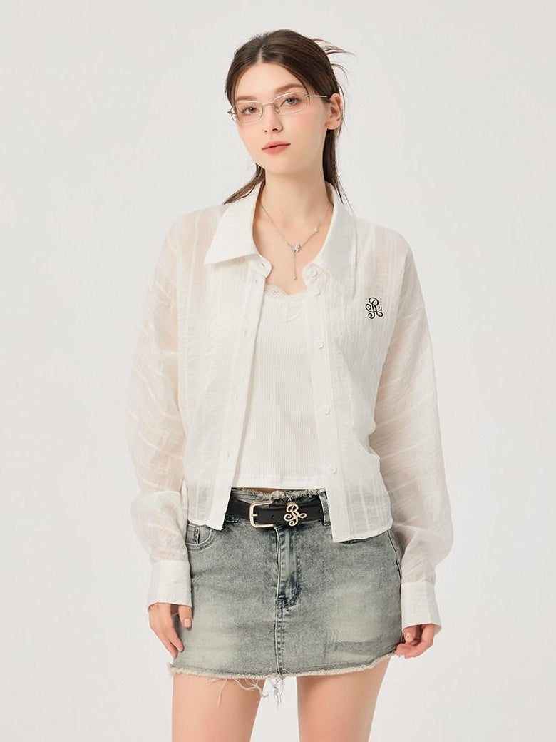 ikyou Uv Protection Lyocell Slim Ruching Stand Collar Embroidered Work Everyday Shirts