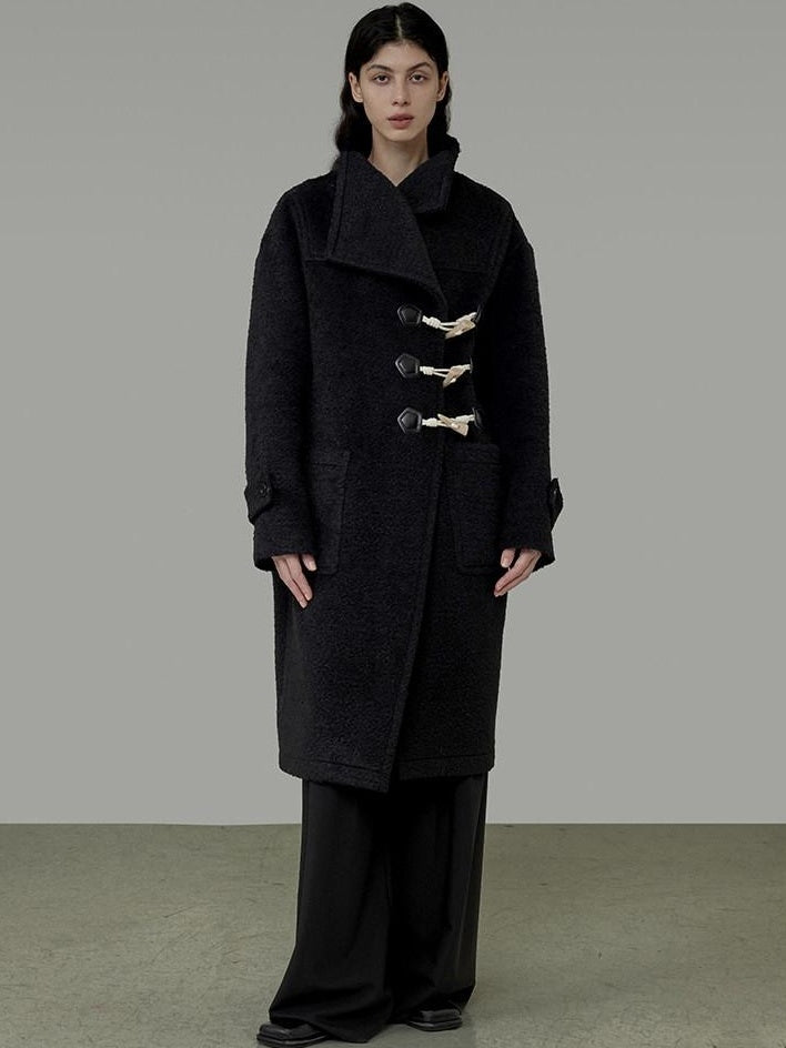 unspoken Warm Thick Long Single Breasted Black Loose Fit Minimalist Office Wool Coats