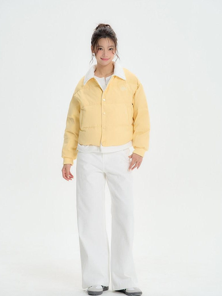 ikyou Thick Embroidered Patchwork Minimal Straight Crop Polo Yellow Puffer Jackets