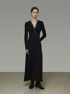 unspoken Lyocell Knit Lace Trim Fitted Waist Minimal Commuter V-neck Maxi Dresses