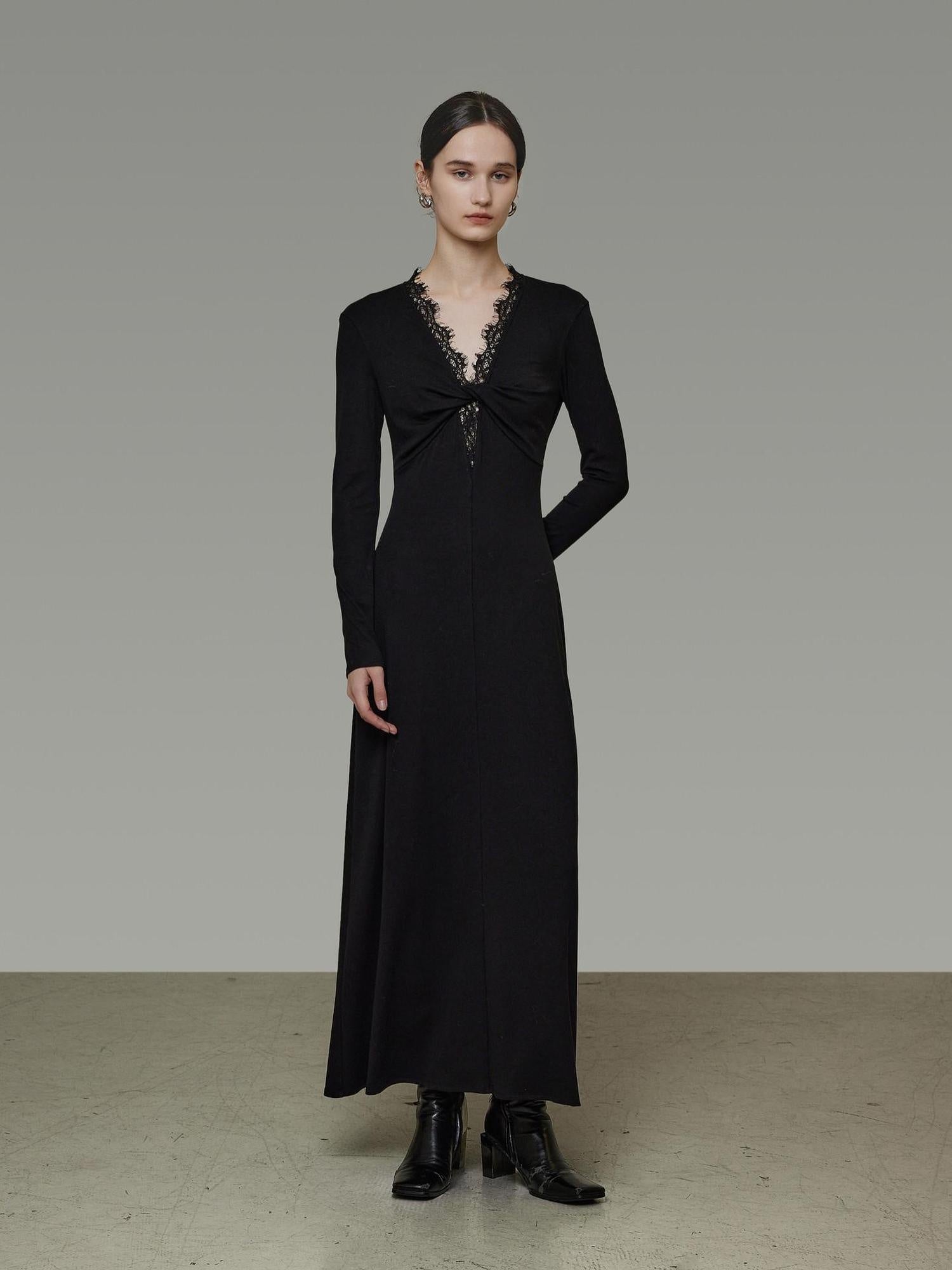 unspoken Lyocell Knit Lace Trim Fitted Waist Minimal Commuter V-neck Maxi Dresses