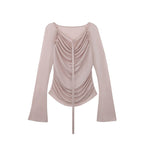 someonesometimes Lyocell Blend Slim Ruched Bell Sleeve Mauve Drape Neck Long Sleeve T-Shirts