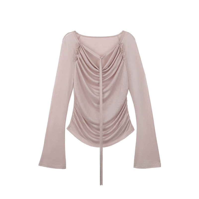someonesometimes Lyocell Blend Slim Ruched Bell Sleeve Mauve Drape Neck Long Sleeve T-Shirts