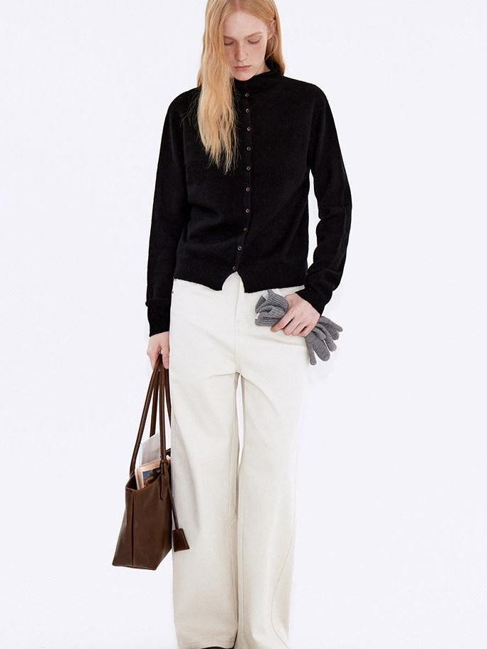 fano Wool Cashmere Blend Warm High Neck Loose Fit Women Button Solid Cardigans