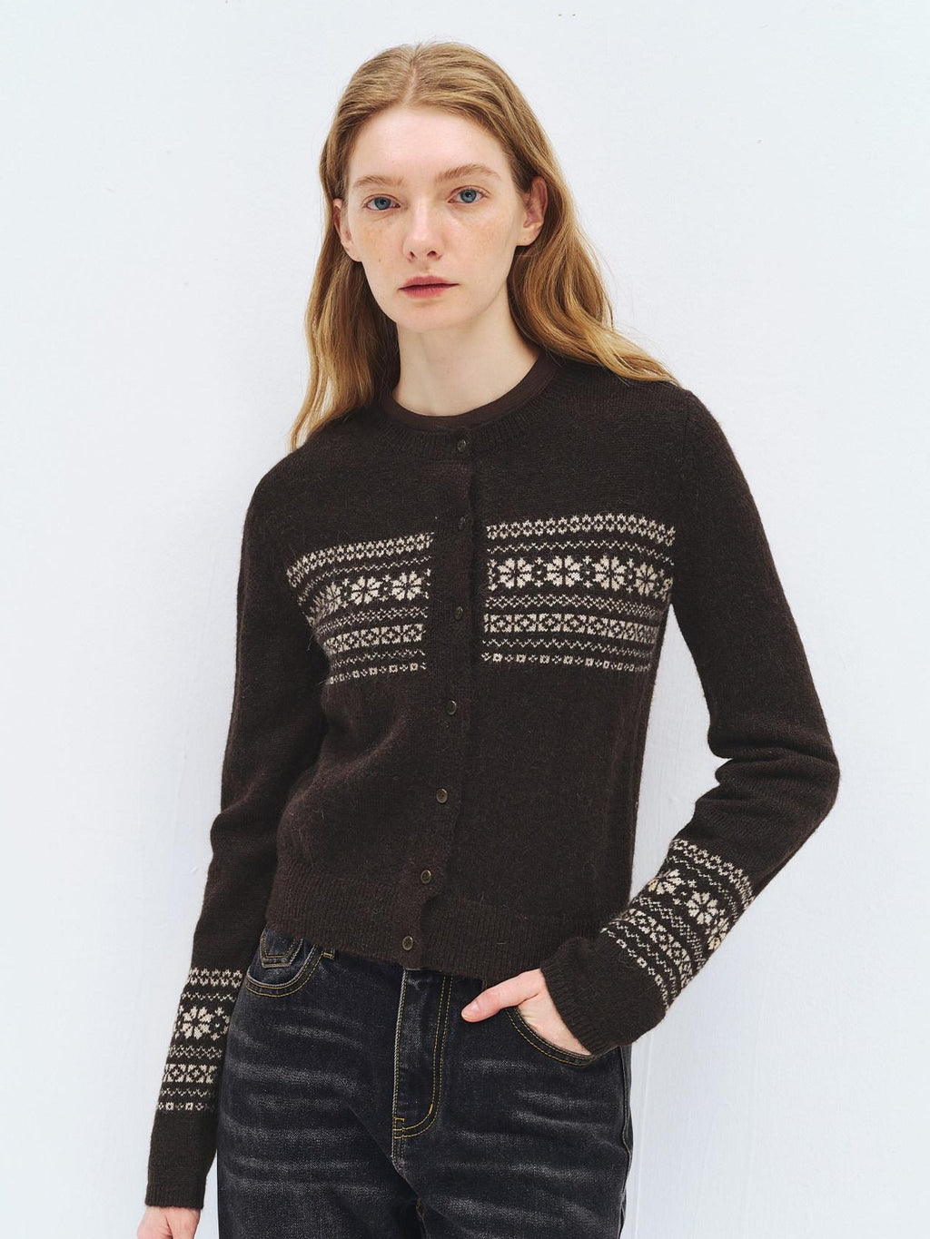 someonesometimes Cozy Wool Alpaca Blend Casual Geometric Button Round Neck Women Cardigans