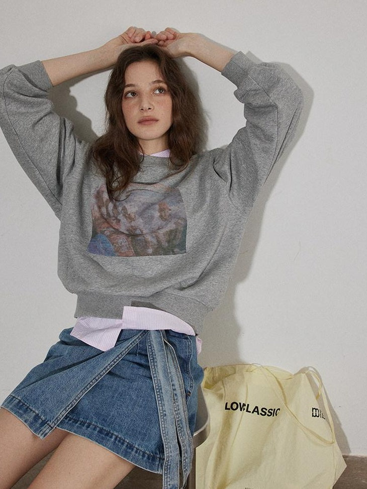 Lofi choose Vintage Print Loose Fit Drop Shoulder Crew Neck Women Pullover Sweatshirt