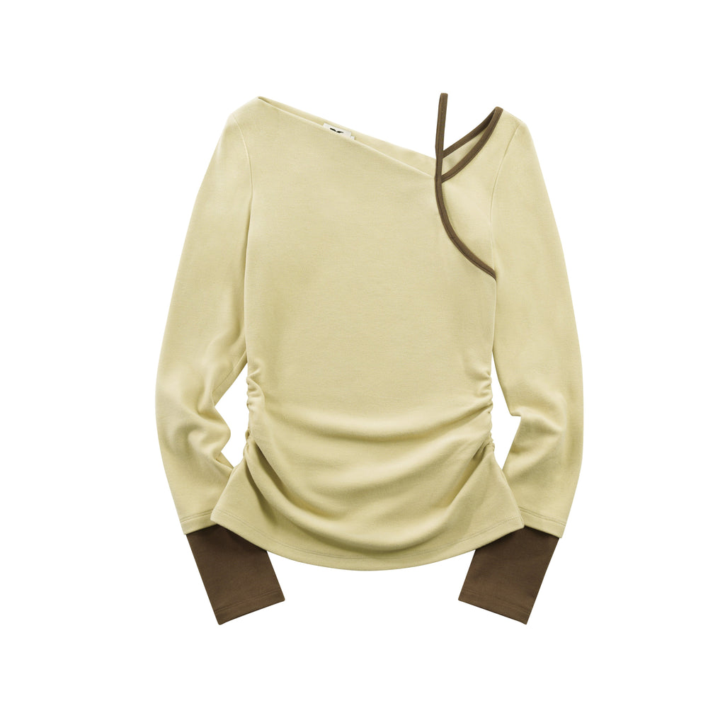 someonesometimes Stretch Casual Slim Asymmetric Neck Women Lemongrass Yellow Long Sleeve T-Shirts