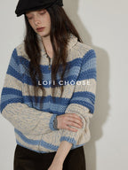 Lofi choose Acrylic Wool Blend Colorblock Striped Lapel Loose Fit Women Zip Front Cardigans