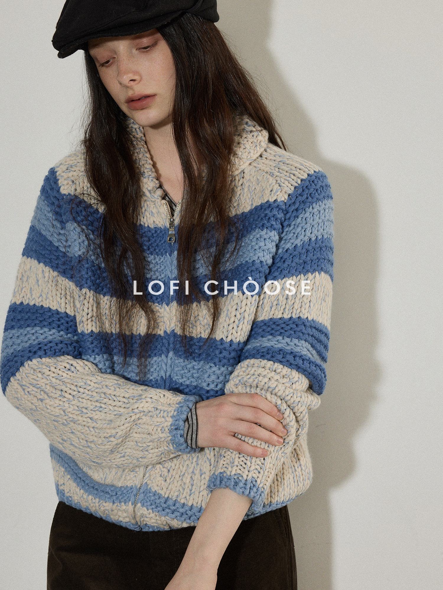 Lofi choose Acrylic Wool Blend Colorblock Striped Lapel Loose Fit Women Zip Front Cardigans