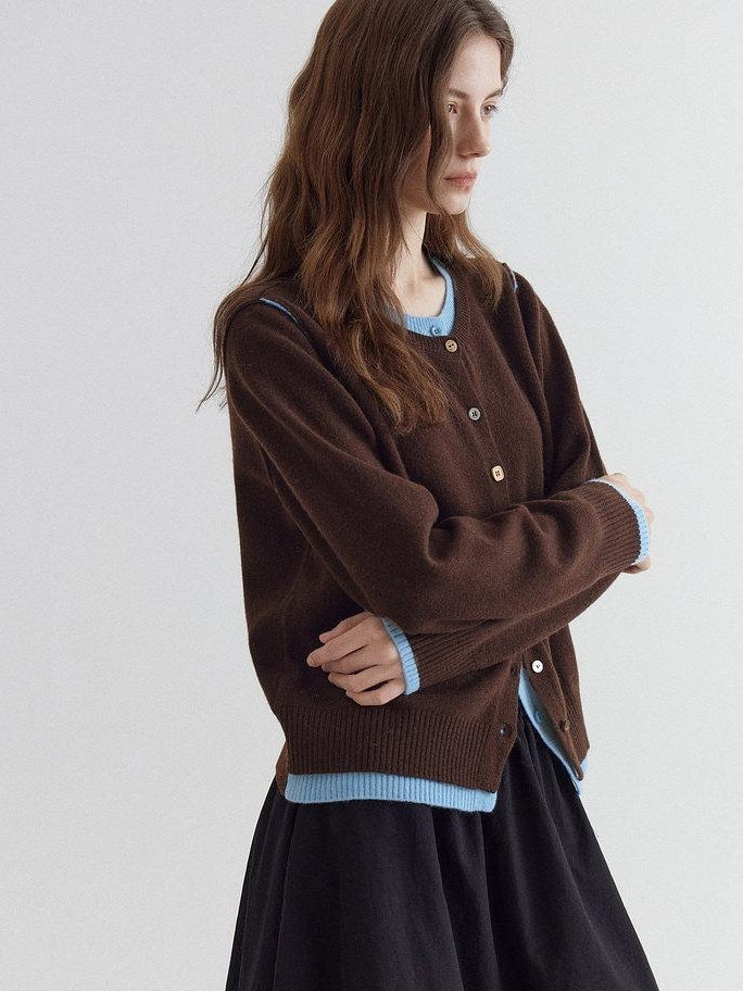 fano Pure Wool Commuter Regular Fit Roundneck Colorblock Women Brown Knit Cardigans