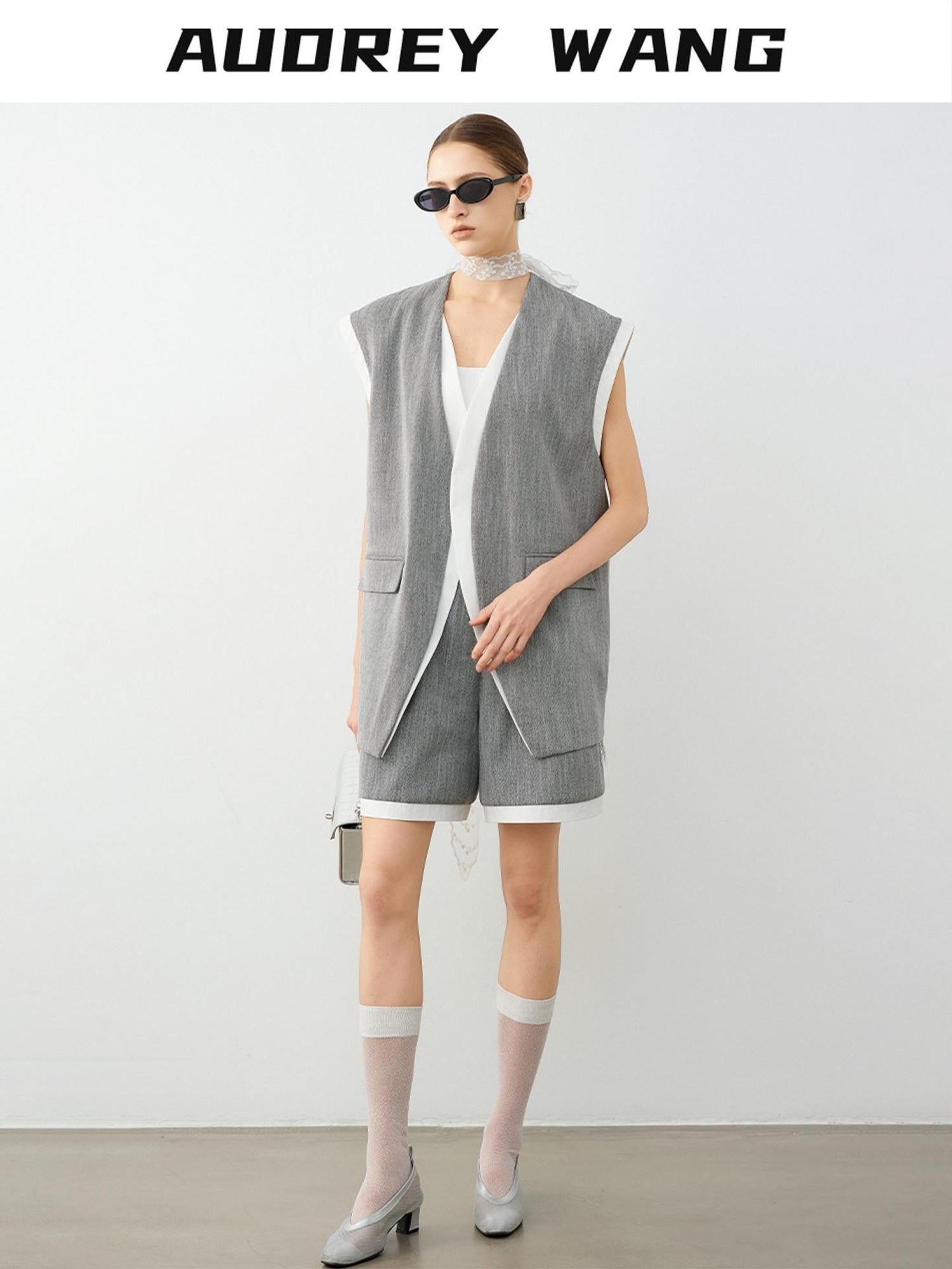 audreyyang Stretch Linen Blend Straight Natural Waist Office Mid-Length Shorts