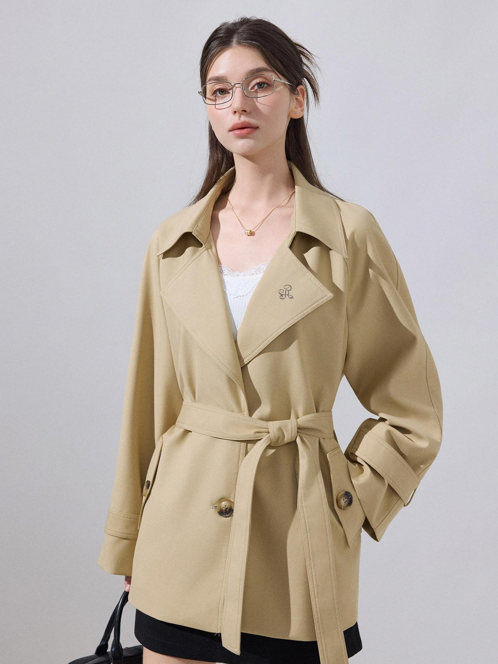 ikyou Lightweight Khaki High Waist Belted Artistic Lapel Women Trench Coats