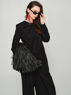 audreyyang Elegant Slim Waist Poly Blend Round Neck Midlength Pullover Black Long Coats