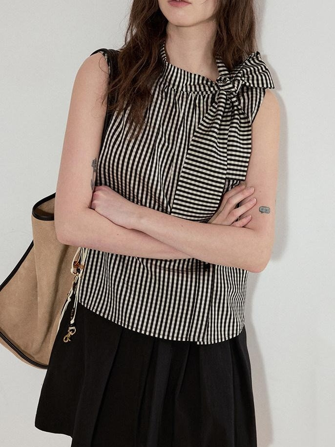 fano Viscose Lyocell Plaid Sleeveless Loose Pullover Korean Workwear Women Blouses