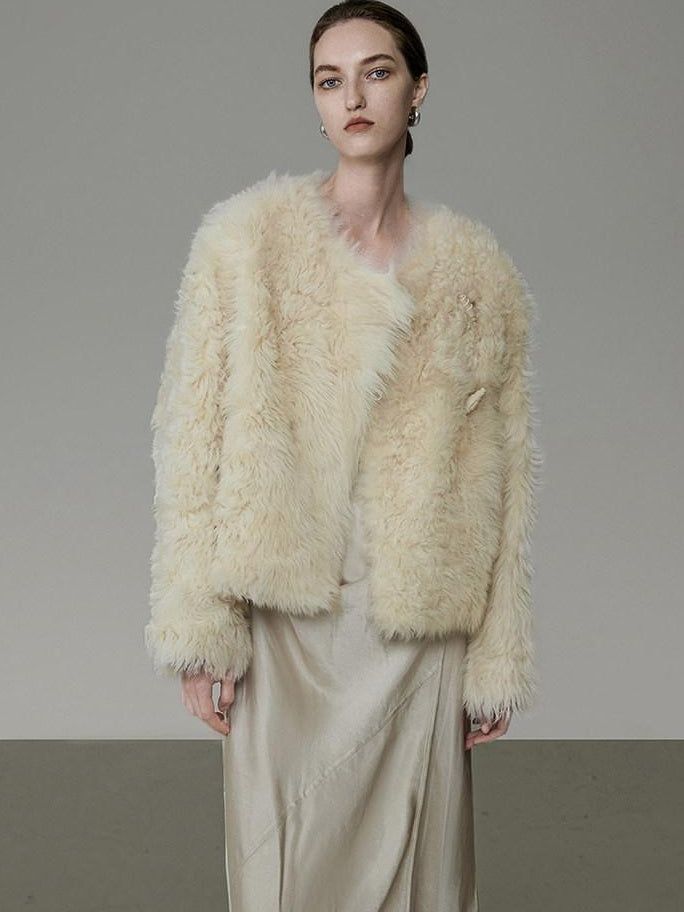 unspoken Minimal Off White Button Front Crew Neck Straight Fit Office Short Coat