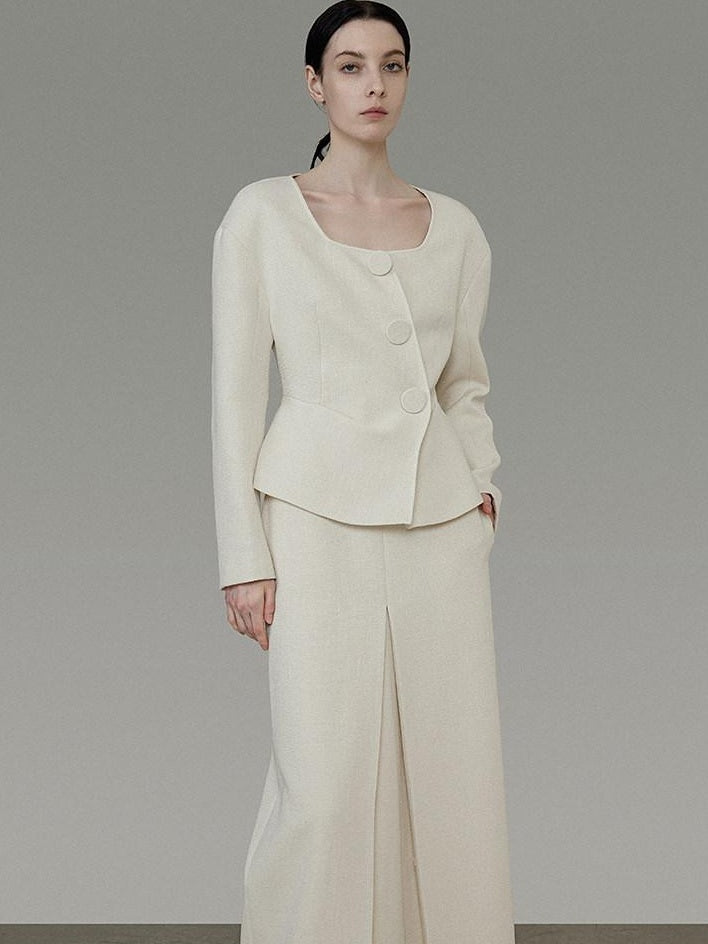 unspoken Slim Office Button Front Long Sleeve Cream Polyester Women Top & Skirt Sets