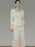 unspoken Slim Office Button Front Long Sleeve Cream Polyester Women Top & Skirt Sets